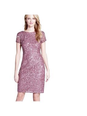 ADRIANNA PAPELL SEQUINS BEADED SHORT SLEEVES DRESS